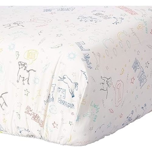 ED Ellen DeGeneres Doodle Dog - 100% Cotton Fitted Crib Sheet, All-Over Doodle Print, Ivory, Royal, Red, Yellow