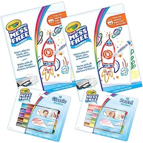 Crayola Color Wonder Mess Free Coloring Kit (120ct), 100 Coloring Pages, 20 Mini Markers, Travel Activity, Toddler Gift, 3+