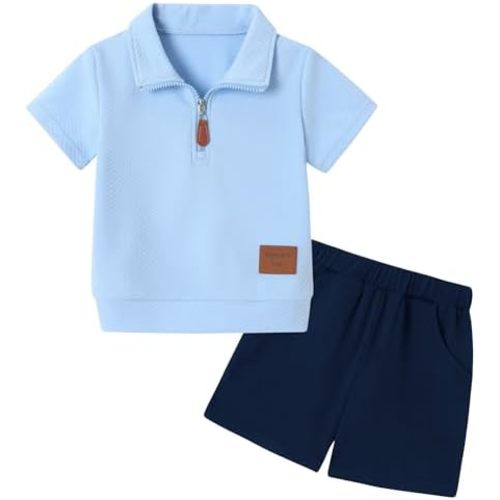ZOEREA Toddler Baby Boy Clothes Summer Outfits Short Sleeve Solid Elastic Sweatshirt and Shorts 2 Piece Sweatsuit Set 1-5T