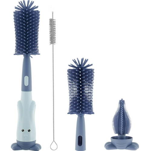 Pcapzz 3Pcs Baby Bottle Brush Set Lone Handle Silicone Bottle and Teat Cleaning Brush with Stand Portable Straw Cleaner Brush Nipples Brush for Baby Bottles Home,Blue