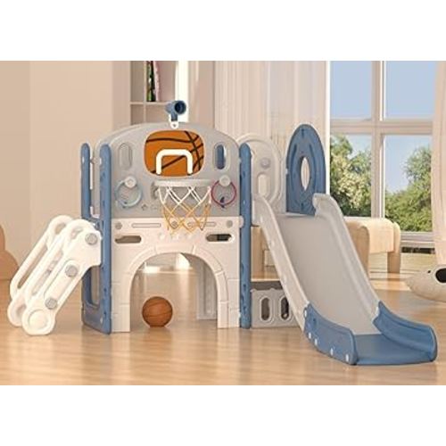 XJD 8 in 1 Toddler Slide Set, Kids Slide for Toddlers Age 1+, Toddler Climber Slide PlaySet with Basketball Hoop and Ball,Outdoor Indoor Playground for Toddlers 1-3 (Blue Gley, 8 in 1)