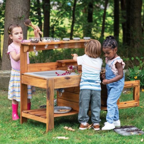 Guidecraft Acadia Kids' Outdoor Mud Kitchen Playset - Pretend Play Kitchen With Sink, Stove, And Accessories | Wooden Backyard Playset