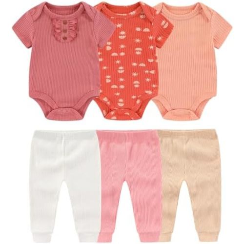Baby Bodysuit and Pant Set 6-pcs Ribbed Soft Infant Boy Girl Clothes Outfits