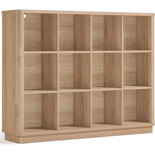 Joaxswe 12 Cube Storage Organizer, 41" Large Bookshelf with Curved Edge, Wood Floor Standing 3-Tier Cubby Bookcase with Base, Rustic Display Storage Cabinet for Living Room, Home Office, Natural Oak