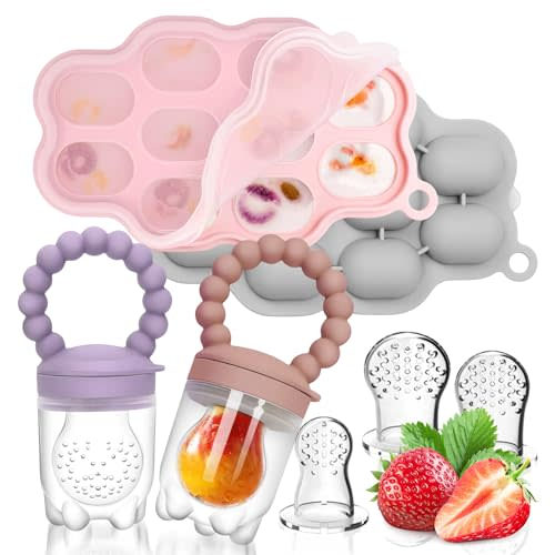 Silicone Baby Fruit Food Feeder, 2 Pack Freezer Tray with lid for Batch Prep,Introduce New Foods, Breastmilk Popsicle Molds, Silicone Teething Toys, Includes 6 Extra Food Pacifier