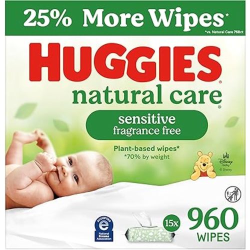 Huggies Natural Care Sensitive Baby Wipes, Unscented, Hypoallergenic, 99% Purified Water, 15 Flip-Top Packs (960 Wipes Total)