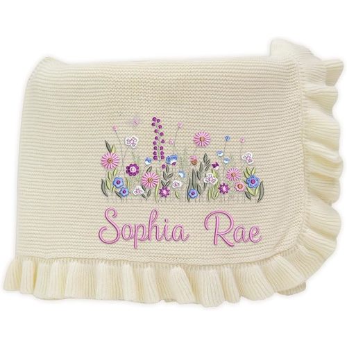 Personalized Floral Embroidered Name Blanket – Soft Cotton Knit Newborn Blanket, Custom Keepsake Gift, Cozy Cover for Girls, Unique Shower Present
