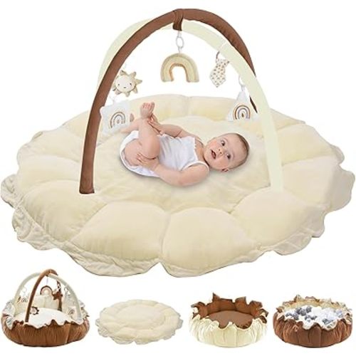 5-in-1 Thick Baby Gym & Ball Pit, Plush Play Gym, Tummy Time Mat, Convertible Stage-Based Developmental Activity Gym & Play Mat from Baby to Toddler, Pet Cushion, Balls are not Included Khaki