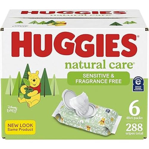 Baby Wipes, Huggies Natural Care Sensitive, UNSCENTED, Hypoallergenic, 6 Flip Top Packs, 288 count