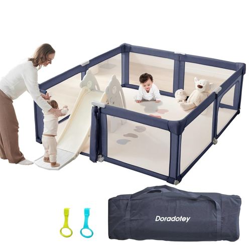 Baby Playpen Pre-Assembly with Adult Door, Foldable Play Pen for Babies and Toddlers with Carrying Case, Non-Slip Play Yard for Indoor & Outdoor, 71x71 Portable Baby Fence
