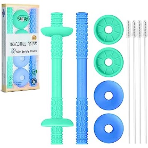 Giftty Teething Tube with Safety Shield Baby Hollow Teether Sensory Toys Gum Massager, Food-Grade Silicone for Infant 3-12 Months Boys Girls, 1 Pair with 4 Cleaning Brush Included (Emerald+Blue)