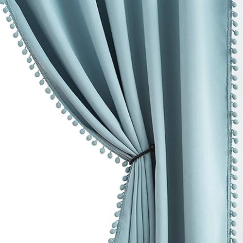 Blue Pom Pom Curtains for Living Room Bedroom 63 inch Thermal Insulated Half Blackout Curtain Drapes for Girls Boys Room Guest Room 52" w x2 Panels Rod Pocket