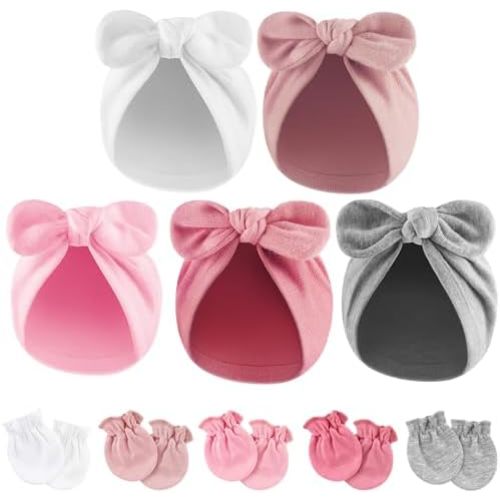 BQUBO Baby Turban Hats and Mittens Set Newborn Infant Hospital Hats Caps with Bows for Baby Boys Girls 0-12 Months