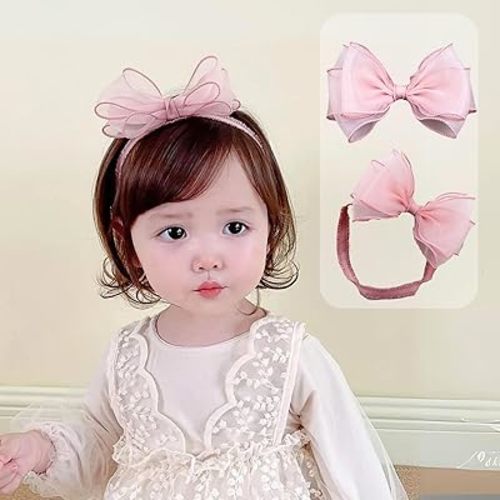 Cute Lace Bow Baby Girls Headbands Large Knot Hair Band Soft Chiffon Hairband Elastic Shower Hair Accessories for Newborn Infant Toddler Kids (Pink A, Elastic)