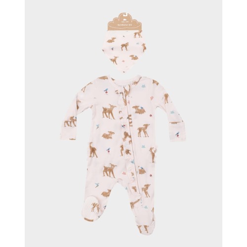 Girl's Soft Deer Ruffle Footie W/ Bandana Bib Set, Size Newborn-9M
