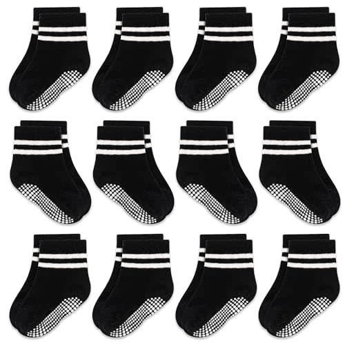 Baby Toddler Non Slip Socks 12 Pairs Newborn Socks with Grip Toddler Grip Socks Anti Slip Crew Socks for 0-7 Years Boys Girls