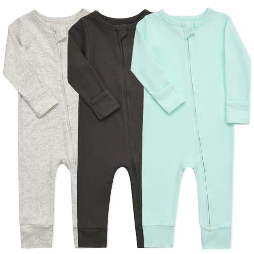 Aablexema Baby Cotton Fooltess Pajamas with Mitten 3-6 month, 3-pack Infant Romper Zip Up One Piece Jumpsuits Outfit 3-6 month