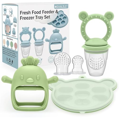 3 Pack Silicone Teething Mitten for Babies with Baby Fruit Food Feeder & Freezer Tray Set, BPA Free Infant Teething Relief Toy for 3 Month+, Additional Silicone Sacs - Smile Pink