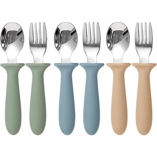Toddler Utensils, 6 Pack kids Silverware Set with Silicone Handle, 18/8 Stainless Steel Children Safe Forks and Spoons, Dishwasher Safe