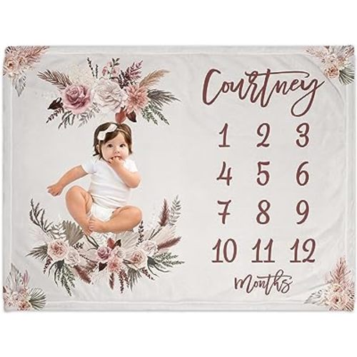 Girls Love A Monogram - Personalized Custom Boho Floral Baby Monthly Milestone Blanket Girl