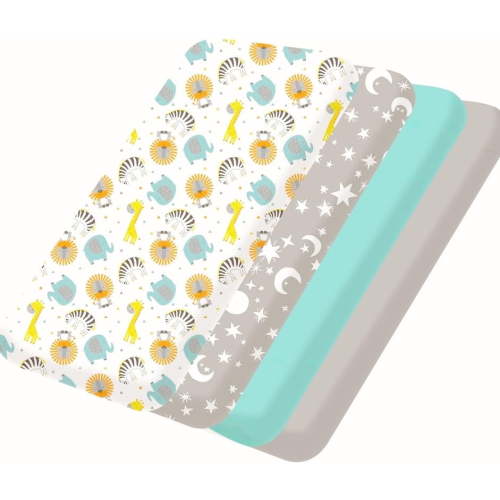 Little Grape Land Pack N Play Sheets, Mini Crib, Portable Crib Sheets Fitted for Baby Boy Girl 4 Pack, Stars/Animals/Grey/Green