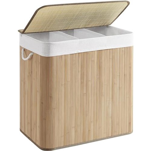 SONGMICS Laundry Hamper, 39.6 Gallons (150L), 3-Section Laundry Basket, Laundry Hamper with Lid, Bamboo, Foldable, Removable and Machine Washable Liner, for Laundry Room, Bedroom, Natural ULCB091N01