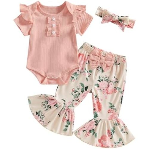 ZAXARRA Newborn Baby Girls Outfit Flying Sleeve Crew Neck Romper Floral Flared Pants Headband Cute Casual Clothes Set