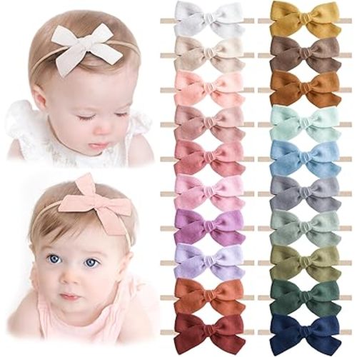 20 Pcs Baby Headbands Girls Hair Bows Nylon Hairbands with Linen Bows Handmade Head Accessories for Infant Newborn Toddlers Kids