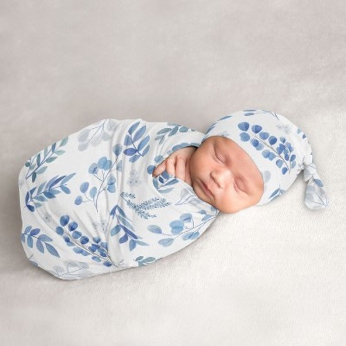 Sweet Jojo Designs Boy, Girl, Unisex/Gender Neutral Baby Cocoon and Beanie Hat Swaddle Wrap Botanical Blue, Grey and White 2pc