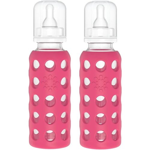 Lifefactory Glass Baby Bottles with Silicone Protection - 2-Pack, 9 oz Bottles, Raspberry