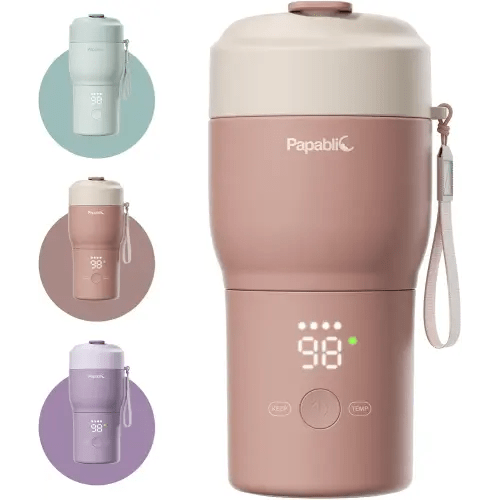 Papablic Pro Portable Bottle Warmer for Travel– Fast Heating, Steam Sterilizer, 30W Fast Charge, 5-Temp Control, Easy-Clean Wide Mouth, Baby Milk Warmer for Breastmilk & Formula, Almond Rose