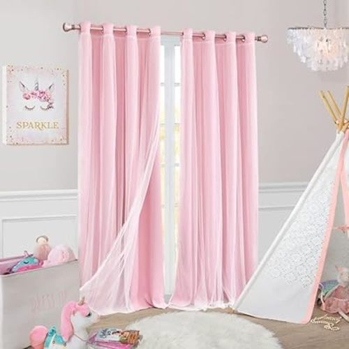 Short Pink Curtains 63 Inch Long- Blackout Curtains with Voile Sheer Drapes Thermal Pink Window Treatments with Tie-Backs for Kids/Girls Bedroom Nursery Living Room, Elegant, 2 Panels
