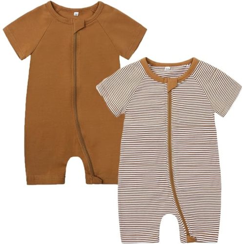 Feidoog 2PCS Baby Boys and Girls' Summer Short Sleeve One-Piece Romper Cute Cartoon Zipper Jumpsuit Outfits - 6-12 Months - A-brown