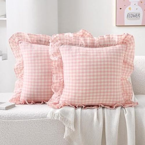2 Pack Blush White Plaid Ruffle Gingham Throw Pillow Covers, 100% Washed Cotton Checkered Farmhouse Decorative Pillow Shams for Bed/Sofa - 18''x18''