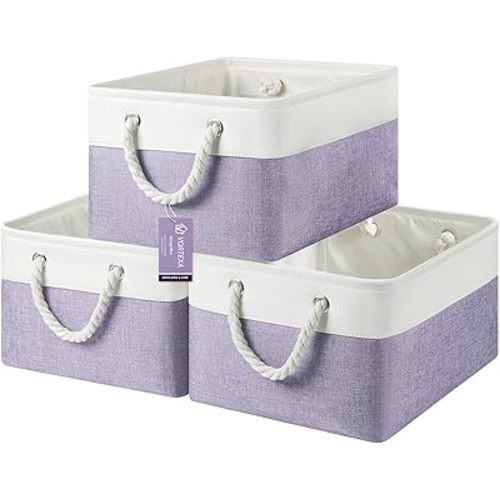 Large Storage Baskets- 15.7x11.8x8.26 inch Storage Bins for Shelves and Closet Organizing, Foldable Fabric Bin for Home Organization Clothes and Laundry (3-Pack, White&Purple)
