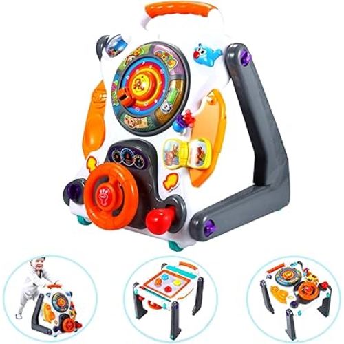NuoPeng 3-in-1 sit-to-Stand Baby Walker, an All in 1 Learning Walker, Entertainment Table, Drawing Board for Infant Development (White/Gray)