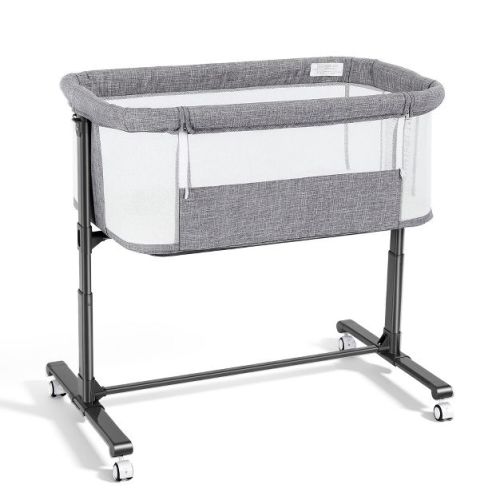 TODECARE Baby Bassinet Bedside Sleeper, 2 in 1 Folding Portable Bedside Sleeper with Wheels, All-Sided Mesh Infant Travel Crib for Toddlers, Gray