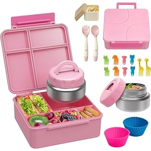 Bento Lunch Box with 9.5 oz Soup Thermo, Kids Leakproof 4 Compartments Bento Box with Silicone Cupcake,Fruit Fork,Spoon and Sauce Cup,Insulated Food Jar for School Travel-Pink