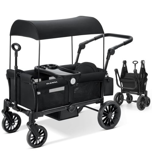 ELEMARA Stroller Wagon for 2 Kids, Foldable Wagon Stroller, Premium All Terrain Wagon for Kids, Kids Wagon Cart w/Removable Canopy, Adjustable Push/Pull Handle, Harnesses, Large Storage Bag, Black