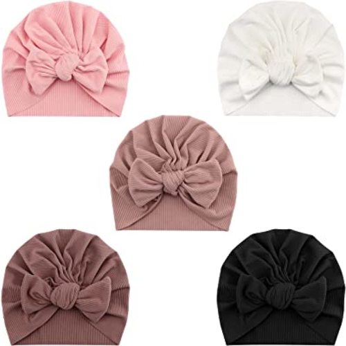 DRESHOW BQUBO 5 Pieces Newborn Baby Turban Hats Bow Baby Infant Beanie Breathable Toddler Cap for Baby Girls 3-12 Months