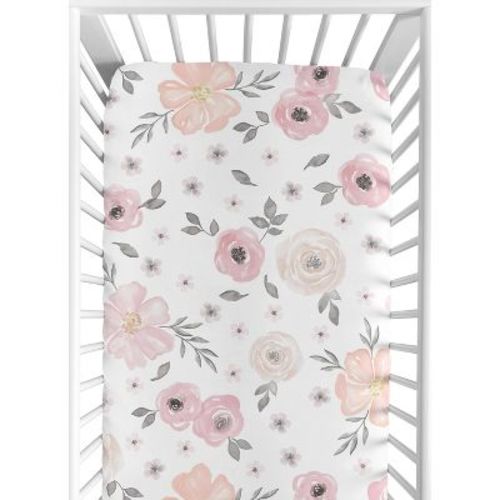 Sweet Jojo Designs Girl Cotton Fitted Crib Sheet Watercolor Floral Pink And Grey