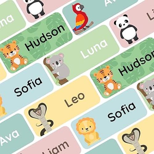 Personalized Name Labels for Kids (180) – Custom Waterproof Name Stickers for Clothing, Water Bottles and School Supplies - Exotic Animals