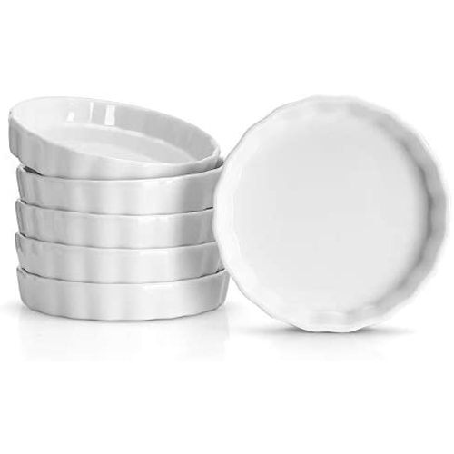 Sweese 505.001 Porcelain Ramekins Round Tart Pan Mini Fluted Quiche Dishes - 5 Ounce for Creme Brulee - Set of 6, 4.8 x 0.8 Inch, White