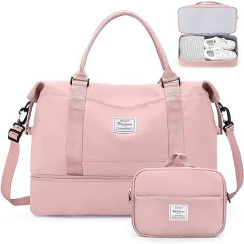 Weekender Bags for Women,Overnight Travel Duffel Bag with Shoes Compartment& Toiletry Bag,Extra Large(Pink)