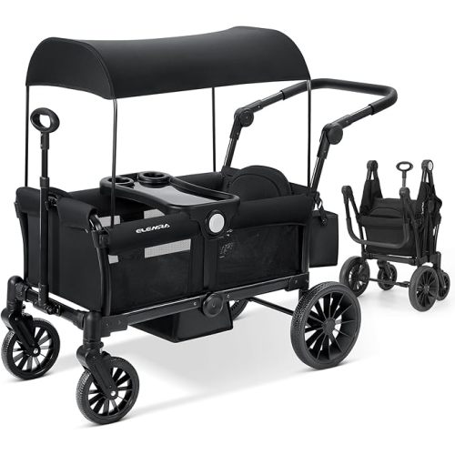 ELEMARA Foldable Wagon Stroller, Stroller Wagon for 2 Kids, Premium All Terrain Wagon for Kids with Removable Canopy, Adjustable Push/Pull Handle, Harnesses, Large Storage Bag