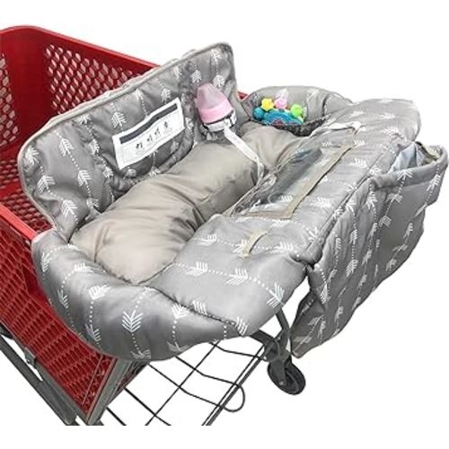 Soft Pillow Attached Waterproof 2-in-1 Baby Grocery Cart Seat Cover and High Chair Cover (Grey Arrow)