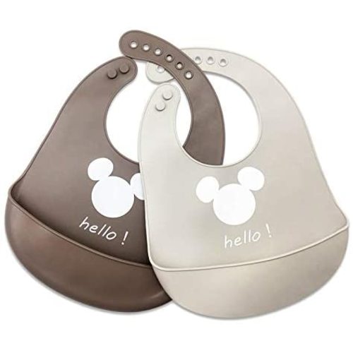 JL&LOVE Silicone Bib Set for Babies and Toddlers, Waterproof Bib Feeding Bibs with Adjustable Snaps and Food Catcher Pocket, Set of 2 (Light Grey/Brown)