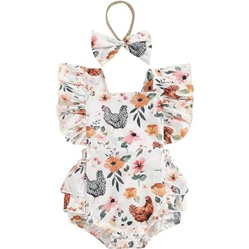 Karuedoo Newborn Baby Girl Farm Outfit Chicken Print Ruffle Sleeveless Romper Jumpsuit Bodysuit with Headband Country Clothes