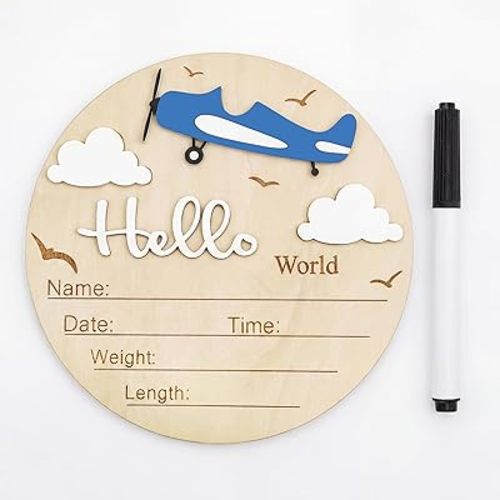 Baby Announcement Sign with Pen, 5.9 Inch Wooden Hello World Newborn Sign