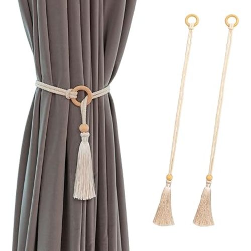 Curtain Tiebacks Holders Cotton Curtain Ties for Drapes Decoration Wooden Rope Curtain Holdbacks Boho,Beige 2pack